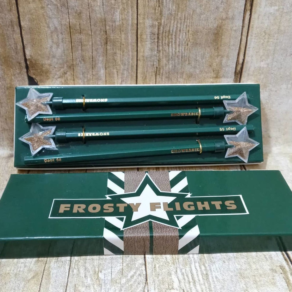 Vtg Dept 56 Snowbabies Pencil Set of 4 Frosty Flights Gold Sparkle Stars NOS